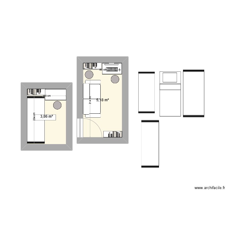 Chambre H. Plan de 2 pièces et 9 m2