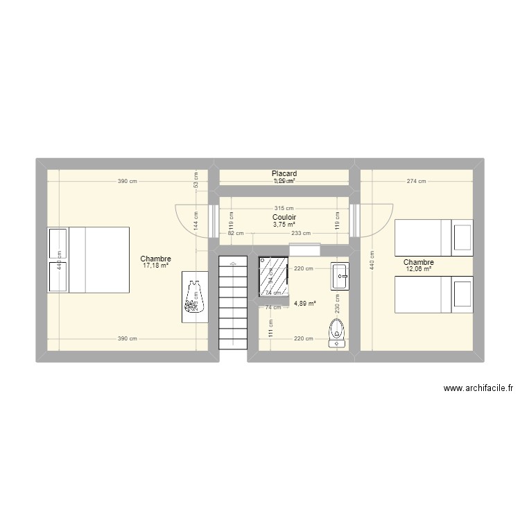 Etage Maison Bouchamps. Plan de 5 pièces et 39 m2