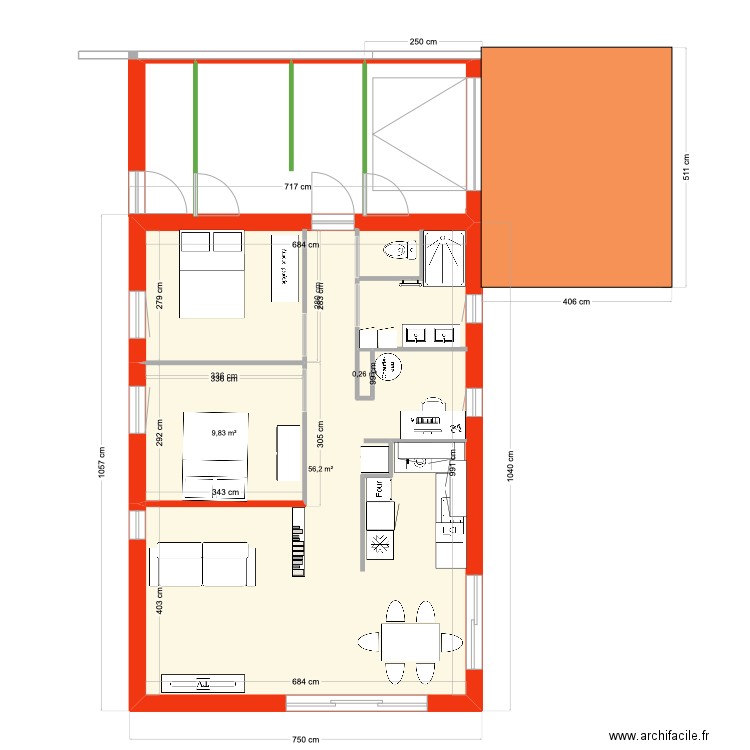 Kerlot-Bis. Plan de 3 pièces et 67 m2