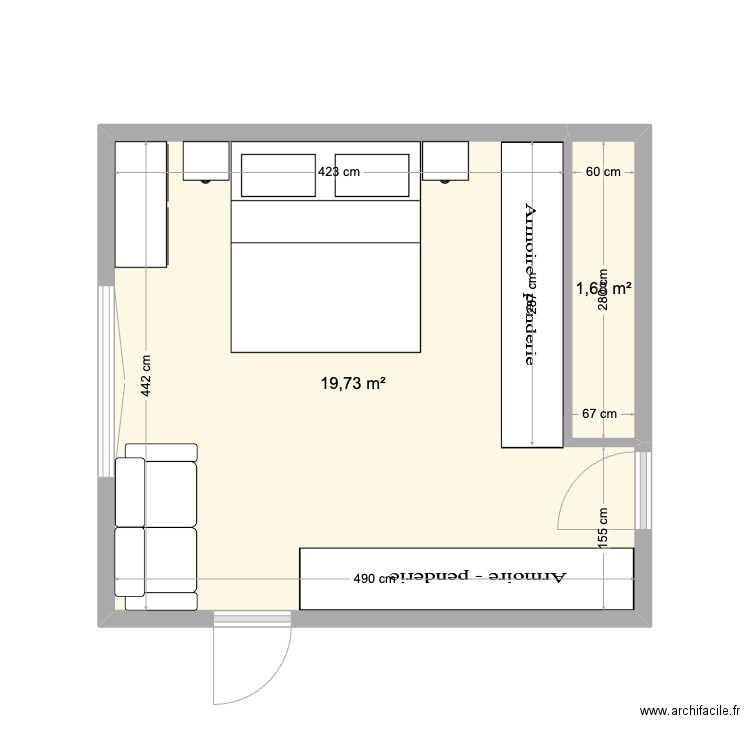 chambre. Plan de 2 pièces et 21 m2