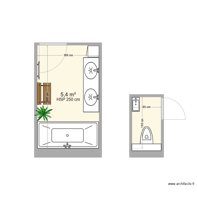 SDB / WC. Plan de 2 pièces et 7 m2