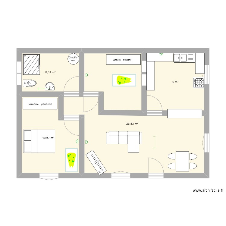 PLAN rez de chaussez maison abeilles. Plan de 4 pièces et 54 m2