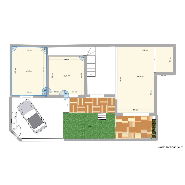 RDC. Plan de 3 pièces et 54 m2