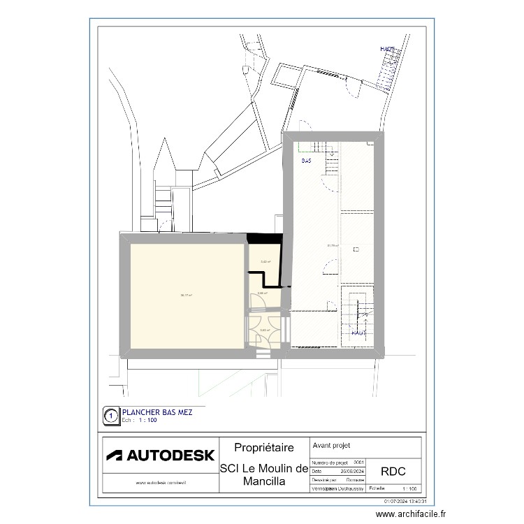 RDC général avant travaux. Plan de 5 pièces et 98 m2