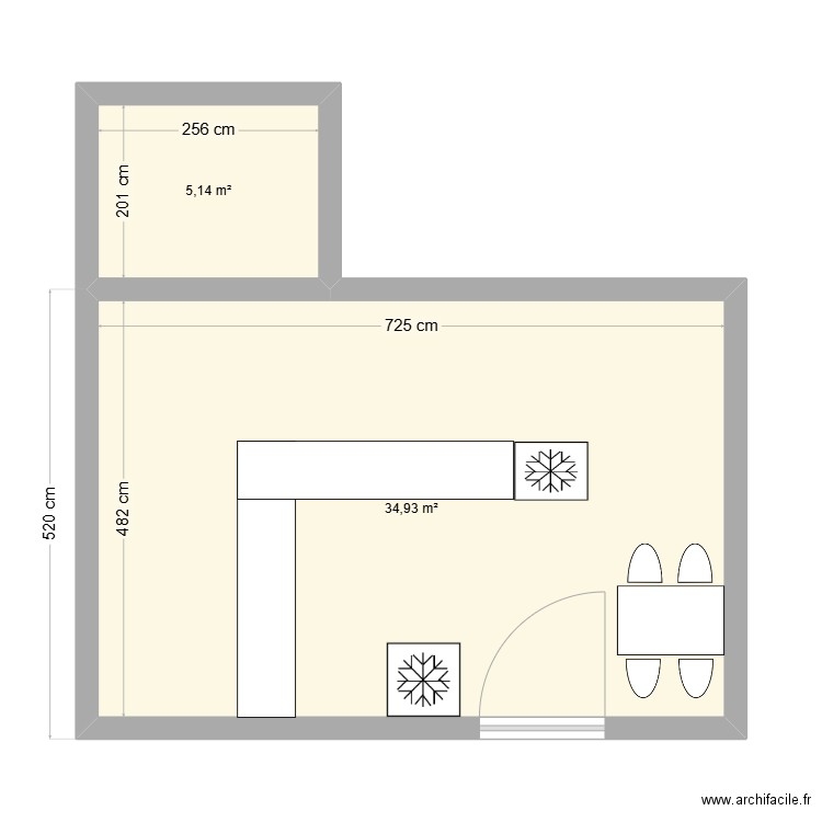 boulange. Plan de 2 pièces et 40 m2