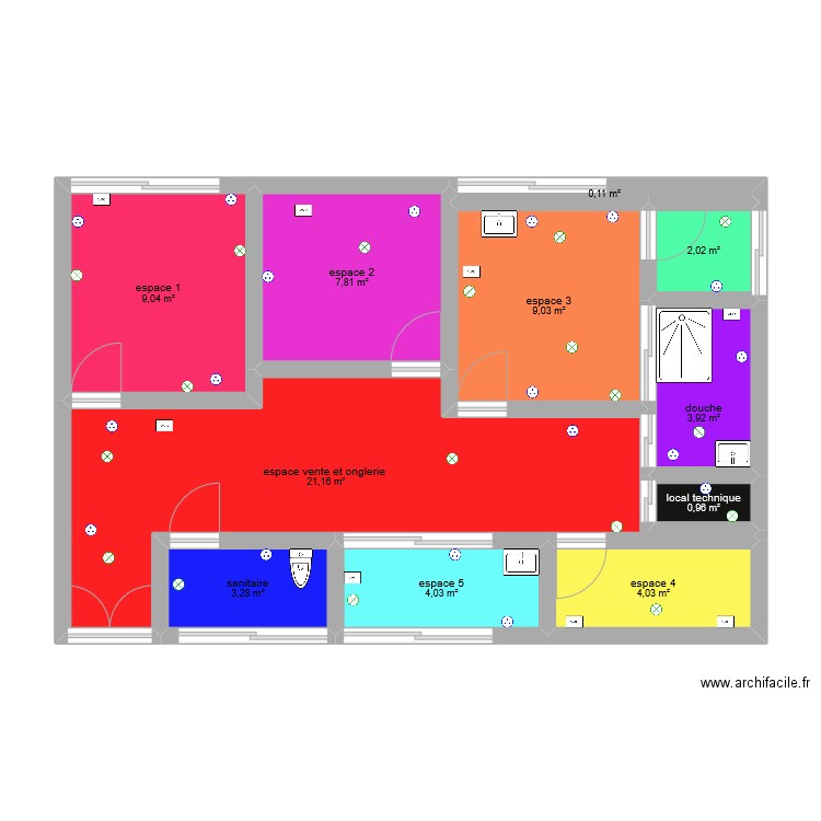 institut modele . Plan de 11 pièces et 65 m2