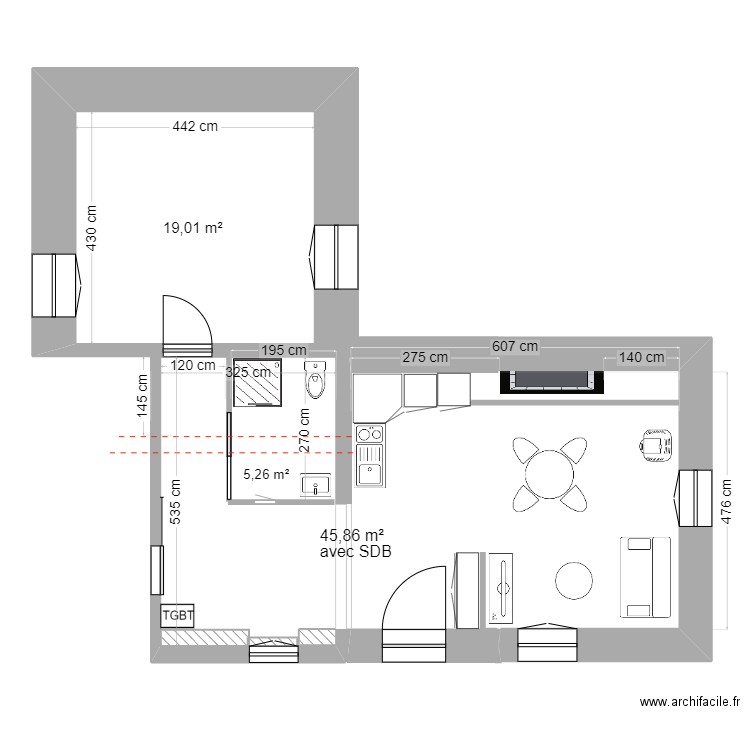 APD appartement. Plan de 2 pièces et 36 m2