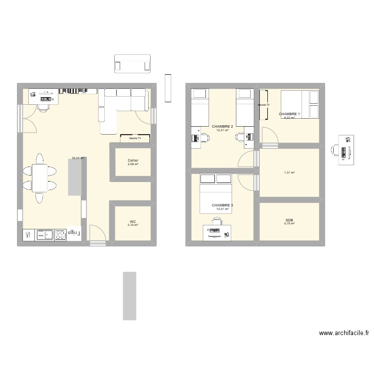 Maison2. Plan de 8 pièces et 89 m2