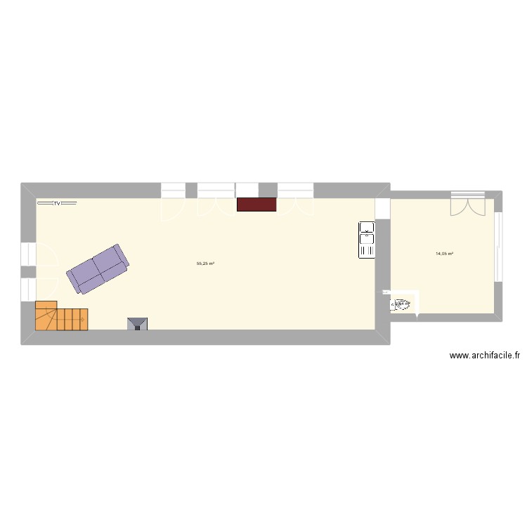 RDC maison . Plan de 3 pièces et 70 m2