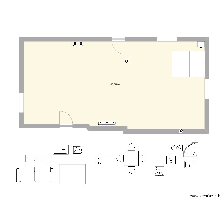 Sous-sol bachelor. Plan de 1 pièce et 59 m2