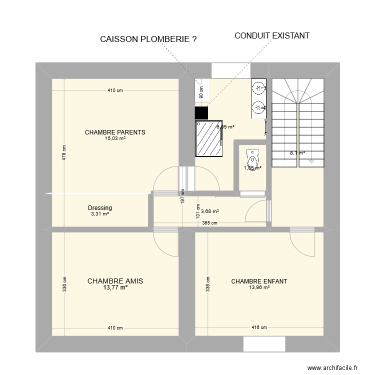 ETAGE CHARENTAY SDB PARENTS V3 AVEC CAISSON PLOMBERIE. Plan de 8 pièces et 66 m2