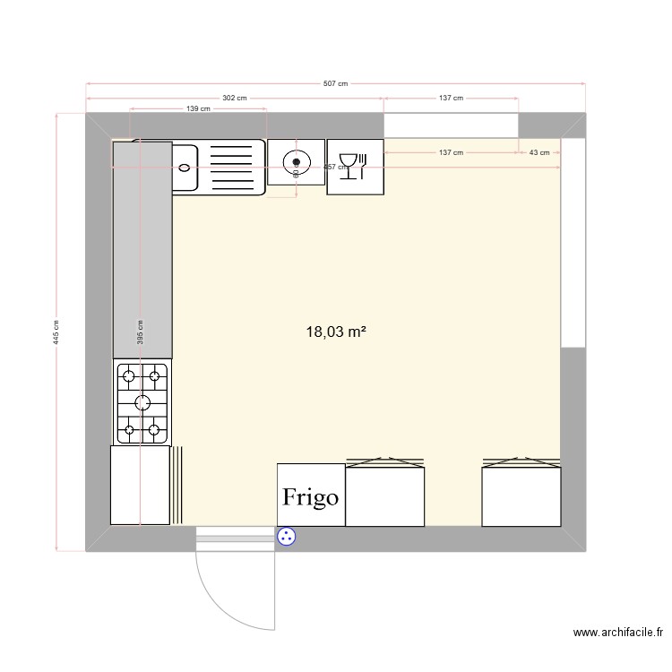 plan cuisine. Plan de 1 pièce et 18 m2