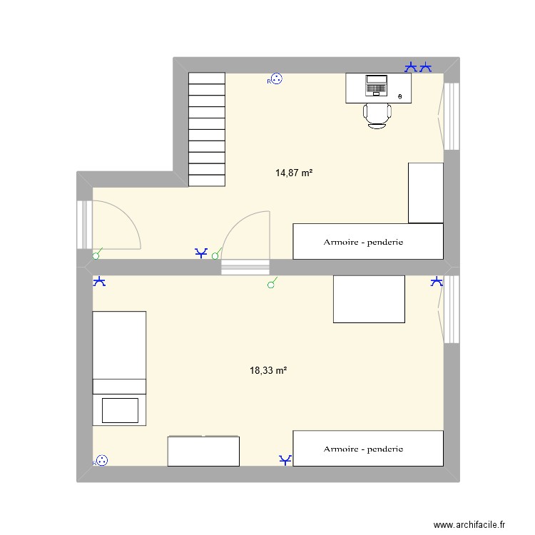 Bureau. Plan de 2 pièces et 33 m2