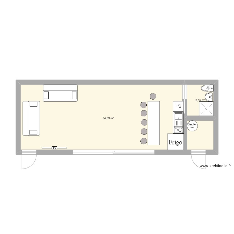 POOL HOUSE V1. Plan de 2 pièces et 37 m2