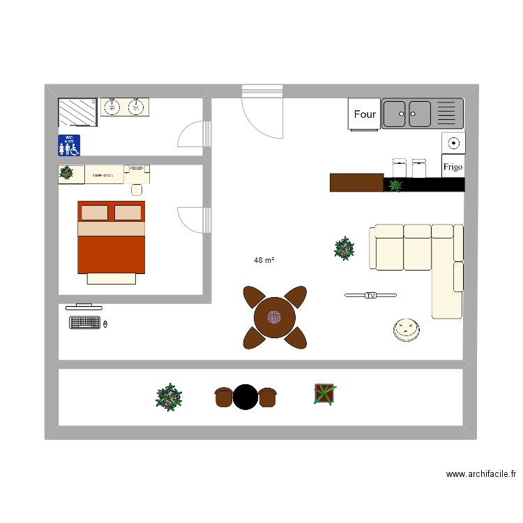 Appartement 48m. Plan de 1 pièce et 48 m2