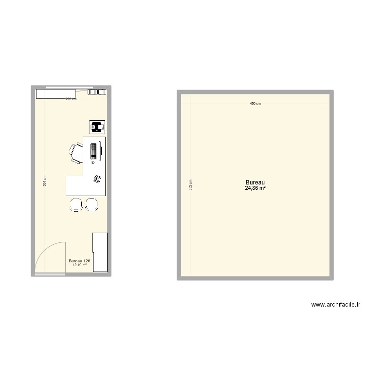 Aménagement Bureaux 126 et 249. Plan de 2 pièces et 37 m2