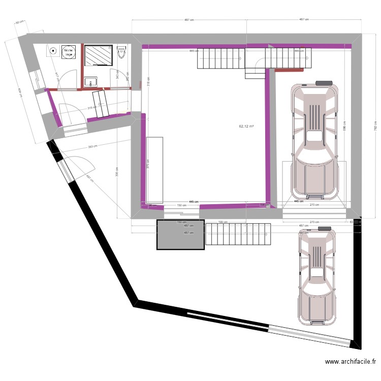 Escalier cave avec balcon et escalier intérieur bifurqué. Plan de 1 pièce et 62 m2