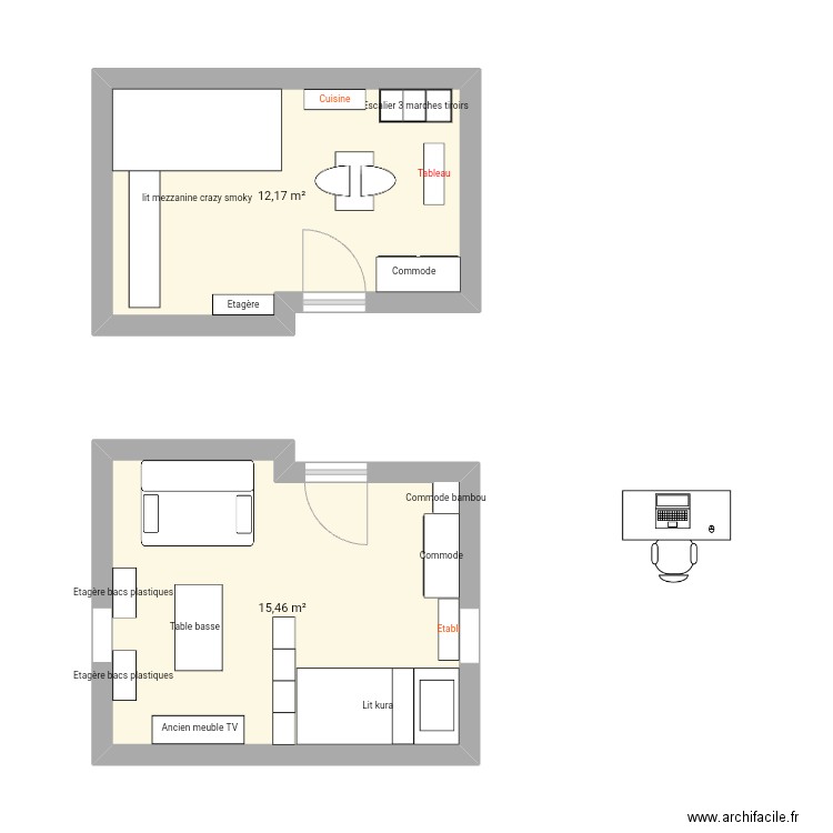 Fresnes - Chambre Emilie 2. Plan de 2 pièces et 28 m2