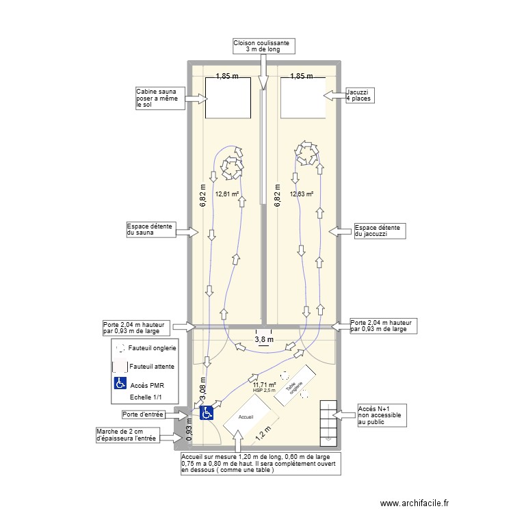 onglerie. Plan de 4 pièces et 37 m2