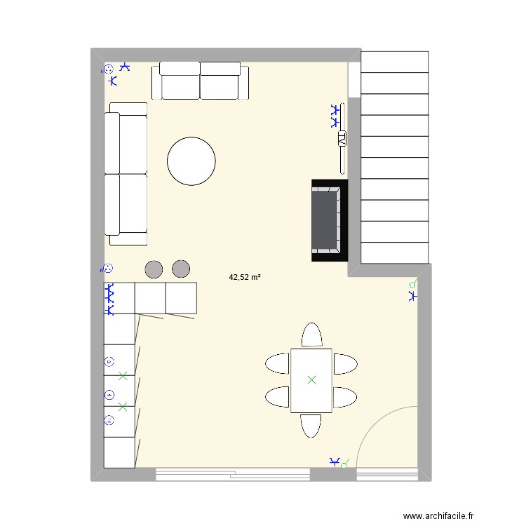 RDC . Plan de 1 pièce et 43 m2