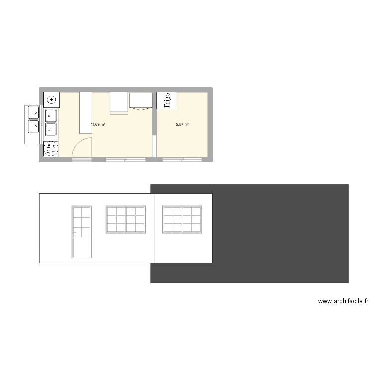 Lavanderia. Plan de 2 pièces et 17 m2