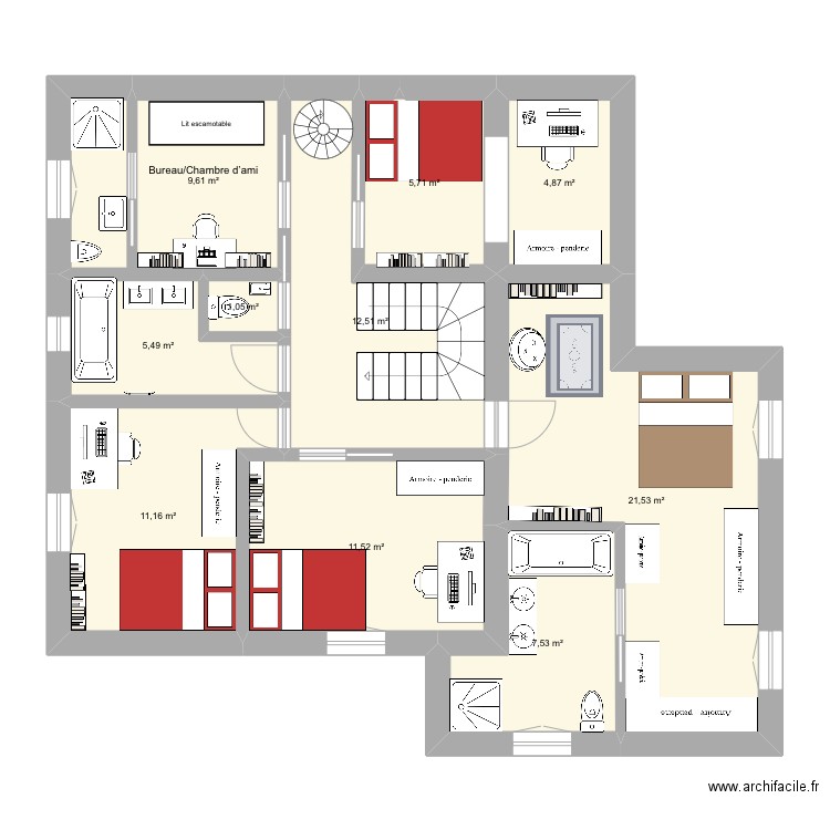 Argentieres étage 1bis. Plan de 10 pièces et 91 m2