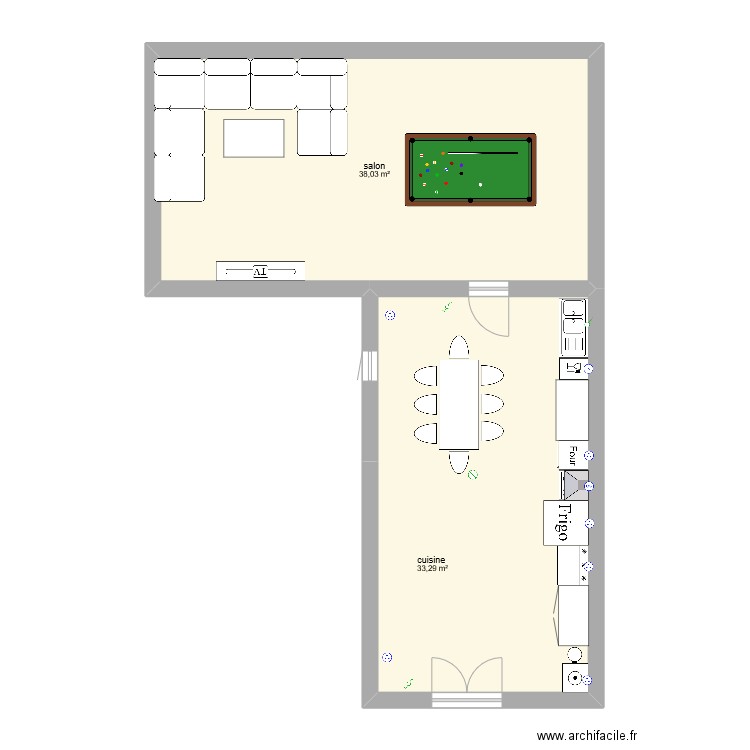 cuisine salon . Plan de 2 pièces et 71 m2