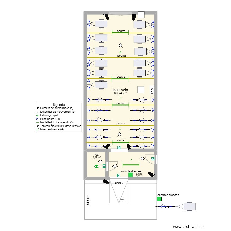 clichy local vélo. Plan de 4 pièces et 103 m2