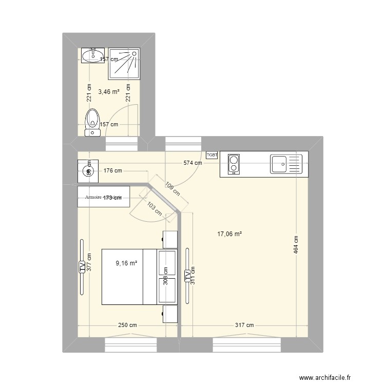 camp. Plan de 3 pièces et 30 m2