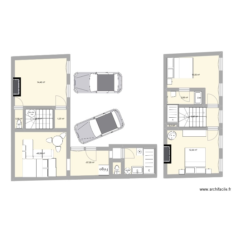 division. Plan de 11 pièces et 71 m2