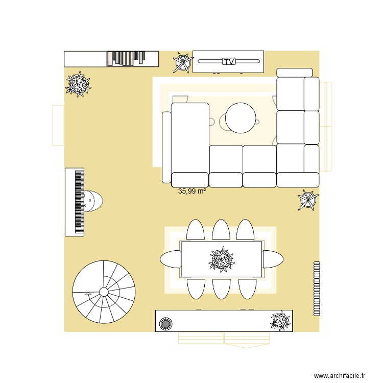 salon design. Plan de 1 pièce et 36 m2