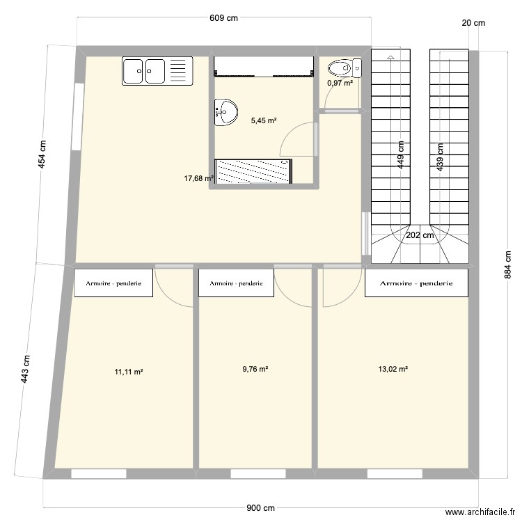 2ème étage Seyssel. Plan de 6 pièces et 58 m2