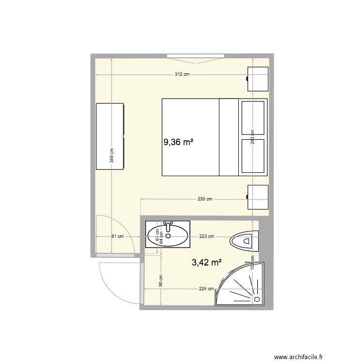 Salle de bain Melanie Joris. Plan de 2 pièces et 13 m2