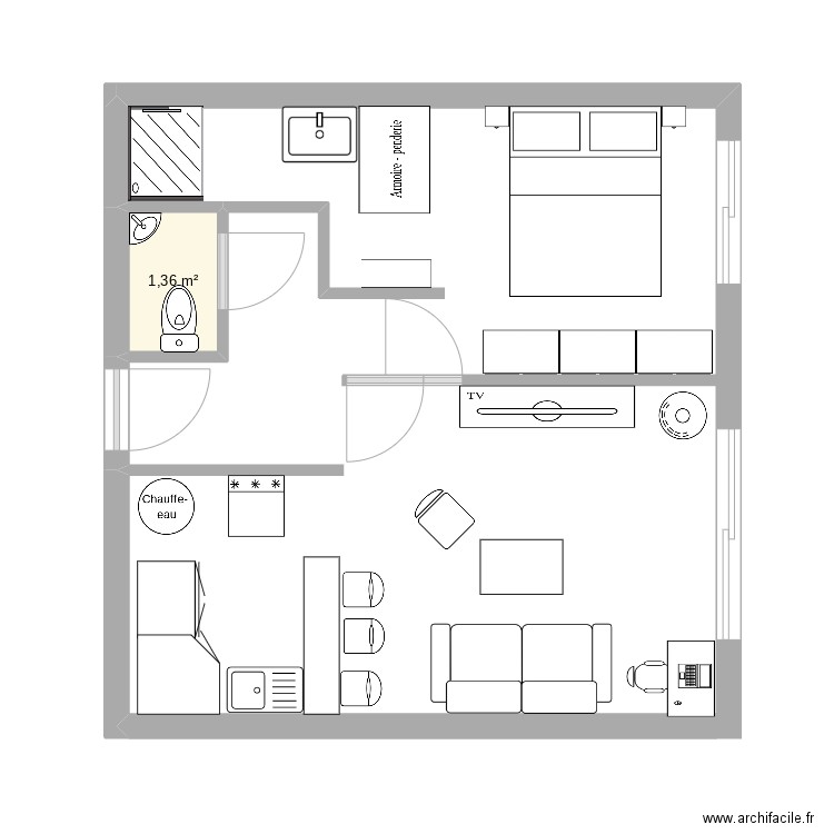 Appart. Plan de 1 pièce et 1 m2