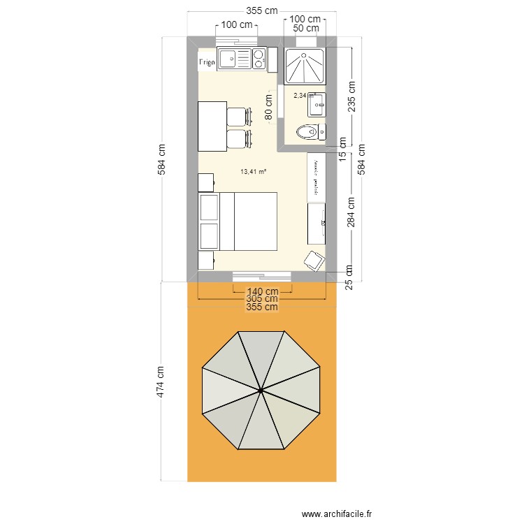 Esquisse simple. Plan de 2 pièces et 16 m2