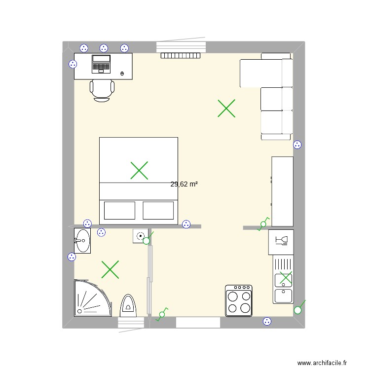 appartement. Plan de 1 pièce et 30 m2