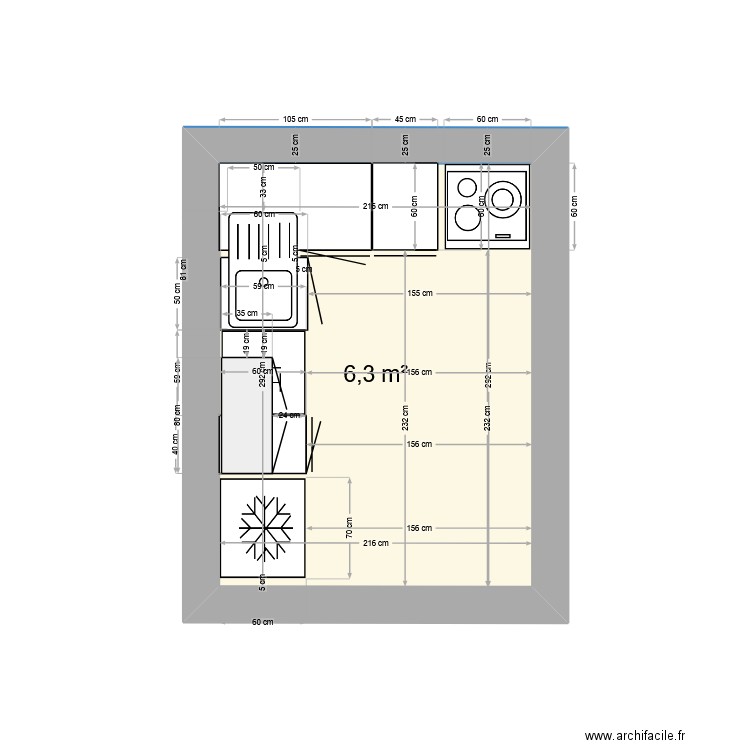 Nouan étage cuisine. Plan de 1 pièce et 6 m2