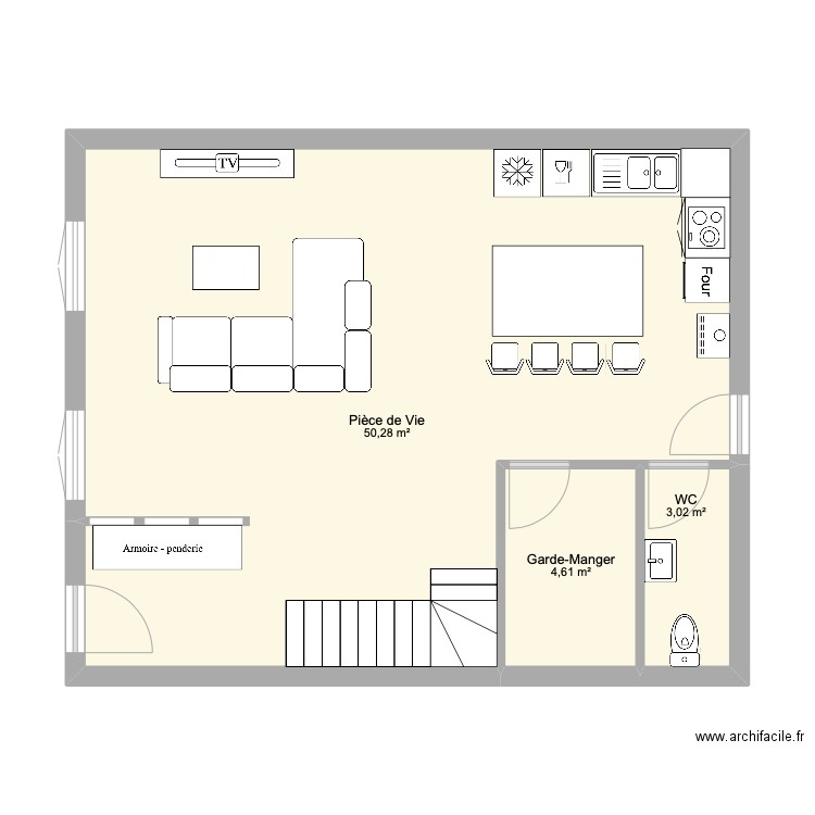 Maisonnette RDC. Plan de 3 pièces et 58 m2