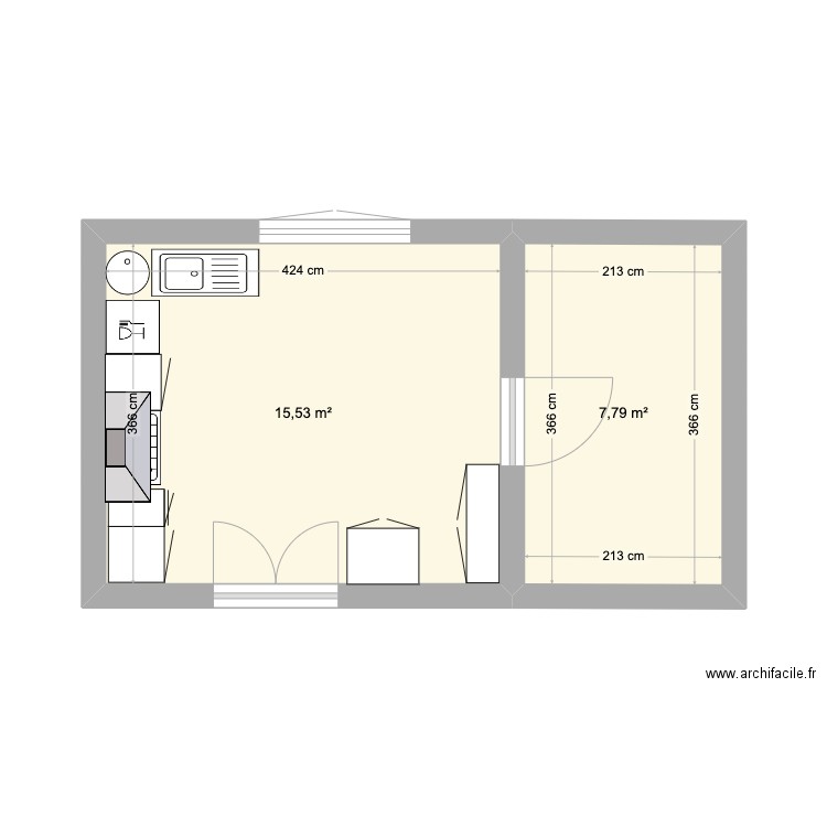 cuisine base. Plan de 2 pièces et 23 m2