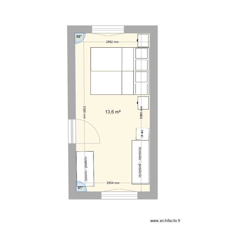 Chambre 1 actuelle. Plan de 1 pièce et 14 m2