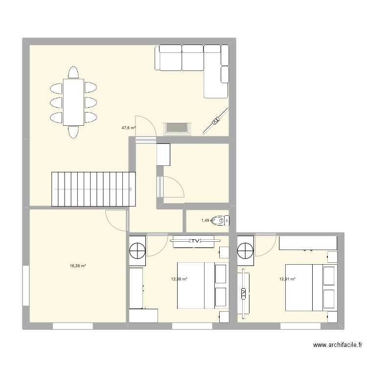 rez de chaussée. Plan de 5 pièces et 91 m2