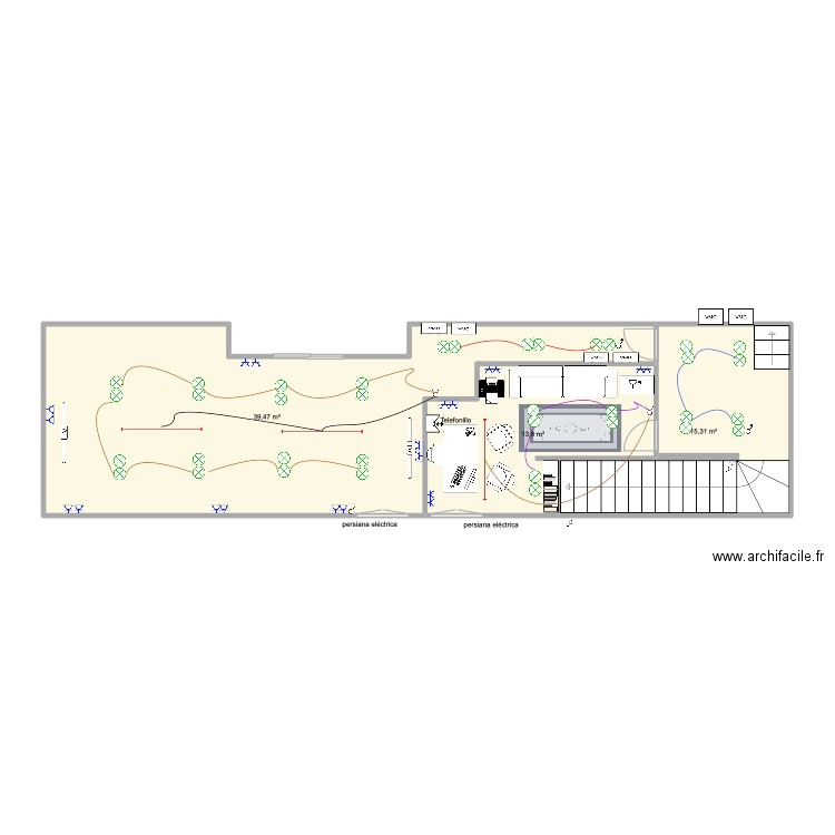 sala statie y despacho . Plan de 3 pièces et 69 m2