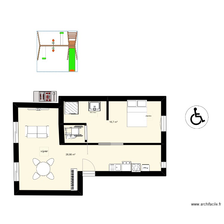 maison fufux. Plan de 2 pièces et 44 m2