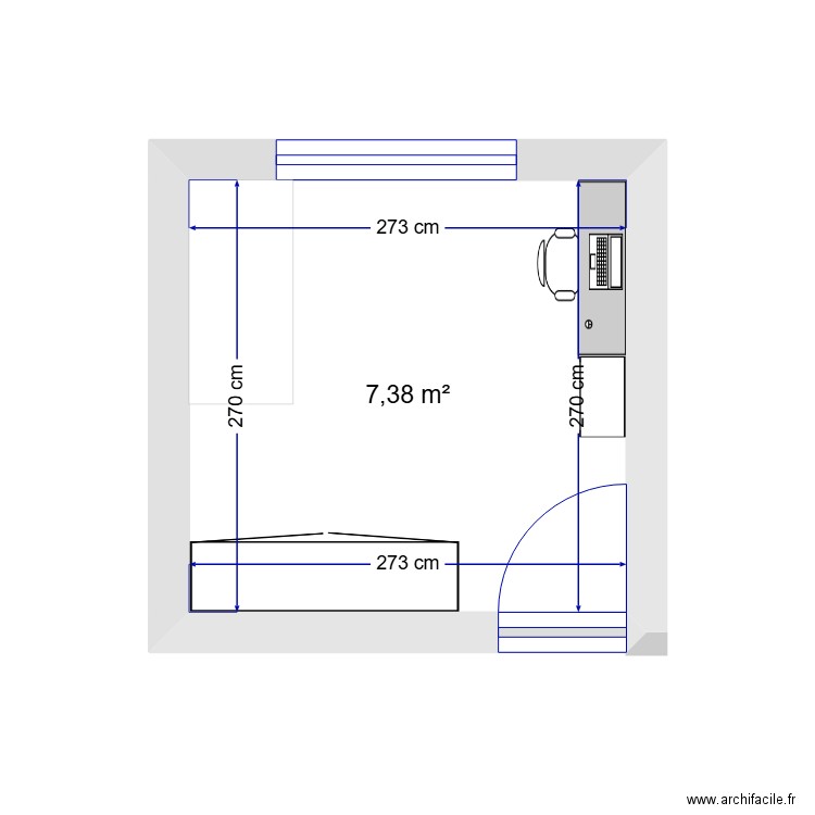 chombre de bureau . Plan de 1 pièce et 7 m2