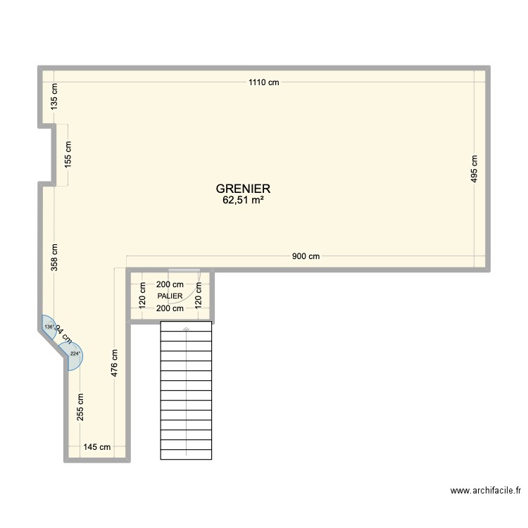 GRENIER. Plan de 2 pièces et 65 m2