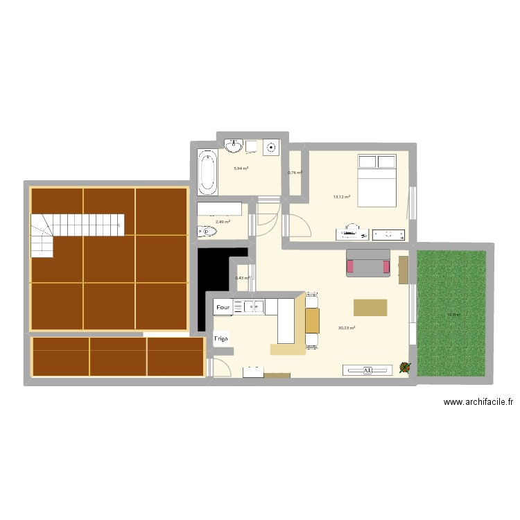 F2 appart. Plan de 7 pièces et 56 m2