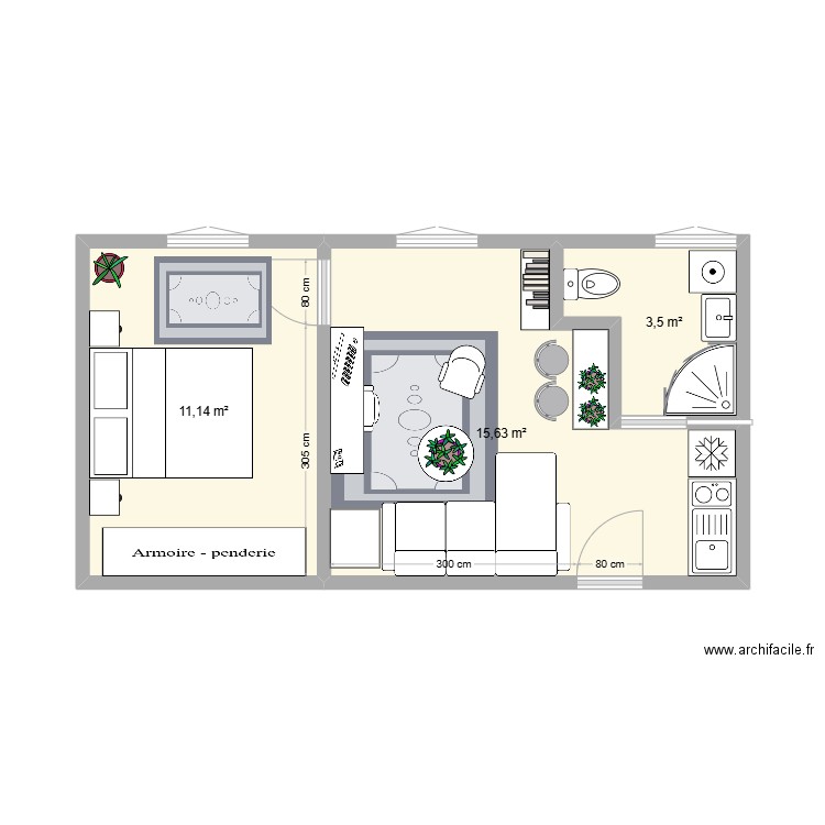 appartement. Plan de 3 pièces et 30 m2