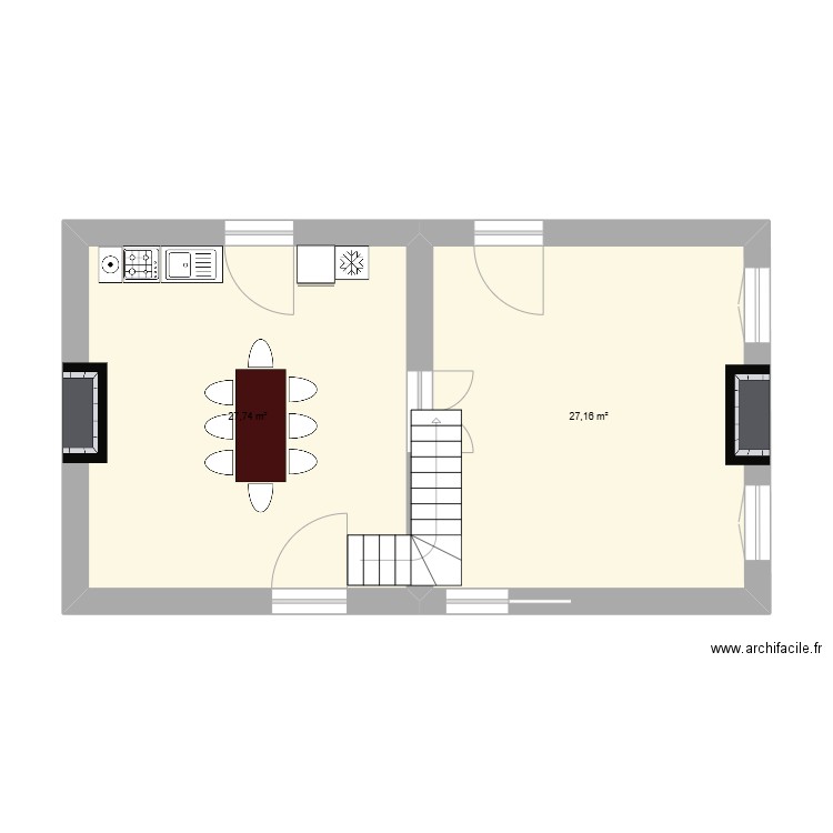 La fromagie. Plan de 2 pièces et 55 m2