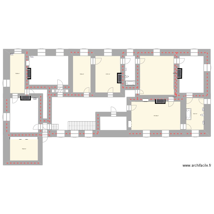 aile sud + 1er étage. Plan de 8 pièces et 114 m2