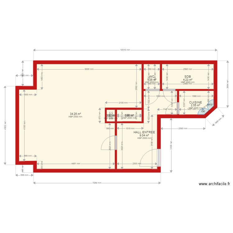 FLAT CENTRAL SITUATION EXISTANTE. Plan de 7 pièces et 53 m2